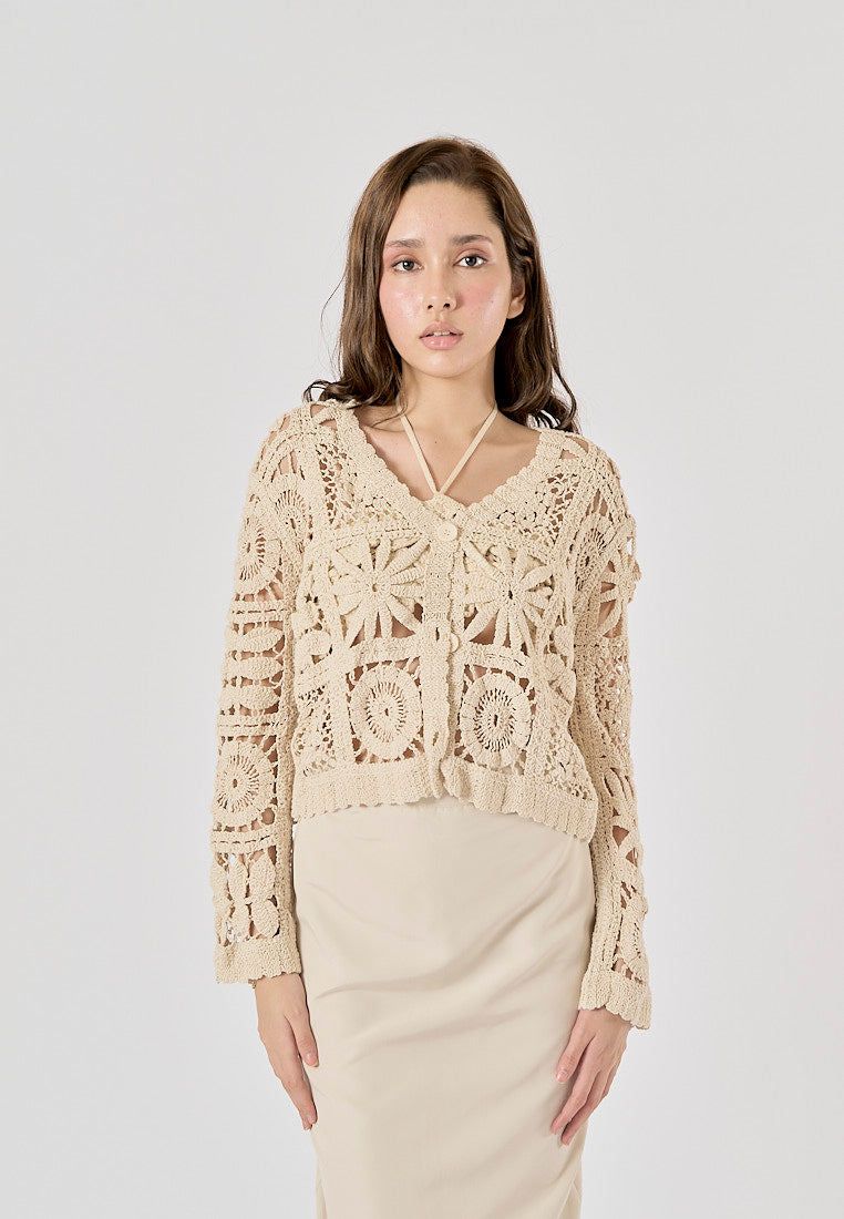 Anara Beige  Crochet Hollow Knitted Cardigan Sweater Top