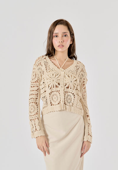 Anara Beige  Crochet Hollow Knitted Cardigan Sweater Top