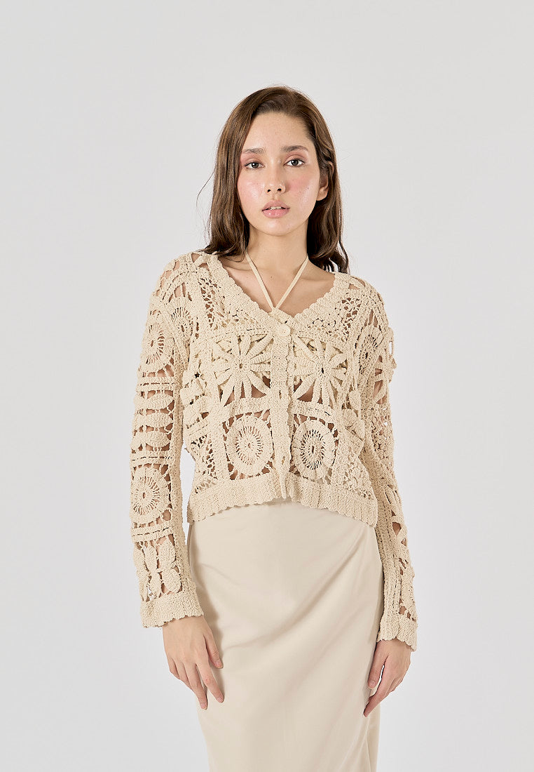 Anara Beige  Crochet Hollow Knitted Cardigan Sweater Top