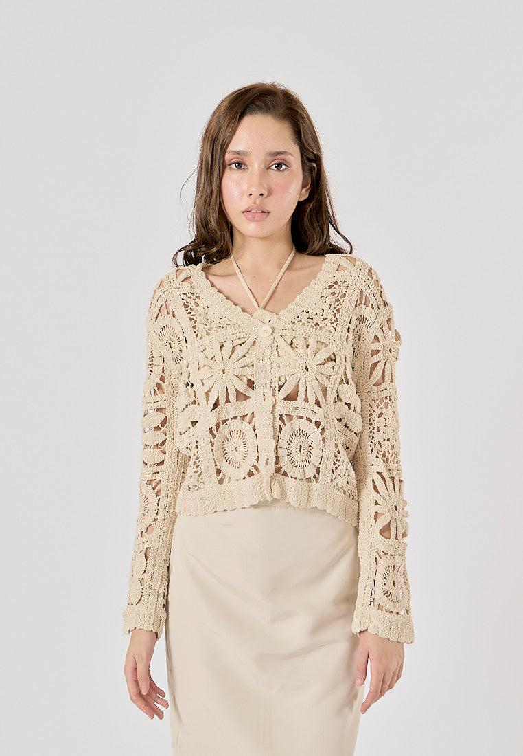 Anara Beige  Crochet Hollow Knitted Cardigan Sweater Top