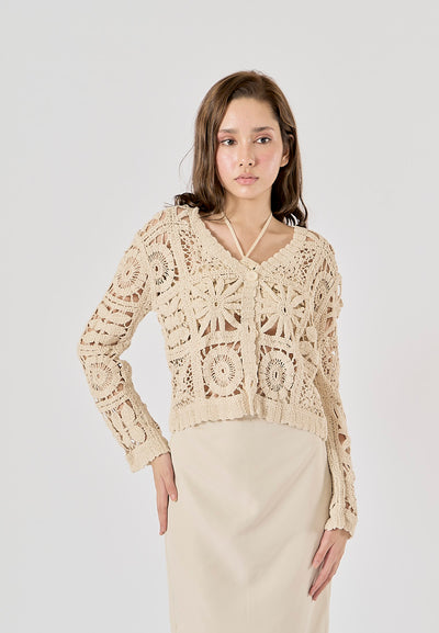 Anara Beige  Crochet Hollow Knitted Cardigan Sweater Top