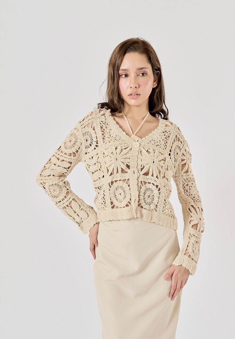 Anara Beige  Crochet Hollow Knitted Cardigan Sweater Top