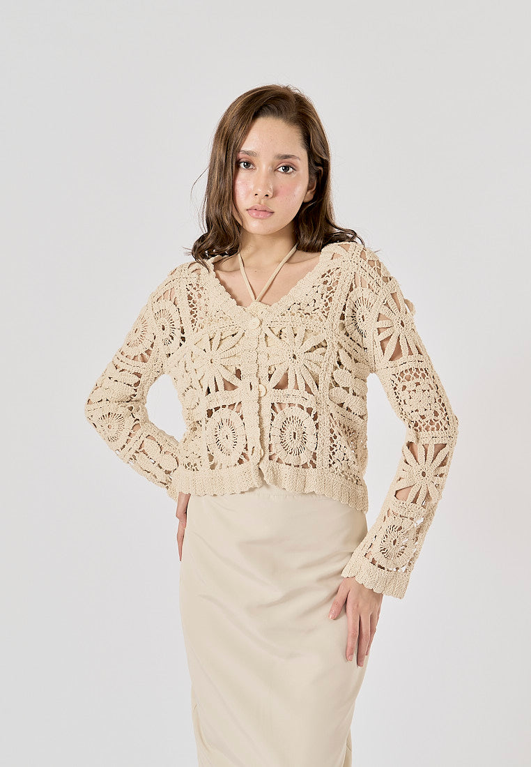 Anara Beige  Crochet Hollow Knitted Cardigan Sweater Top