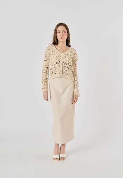 Anara Beige  Crochet Hollow Knitted Cardigan Sweater Top