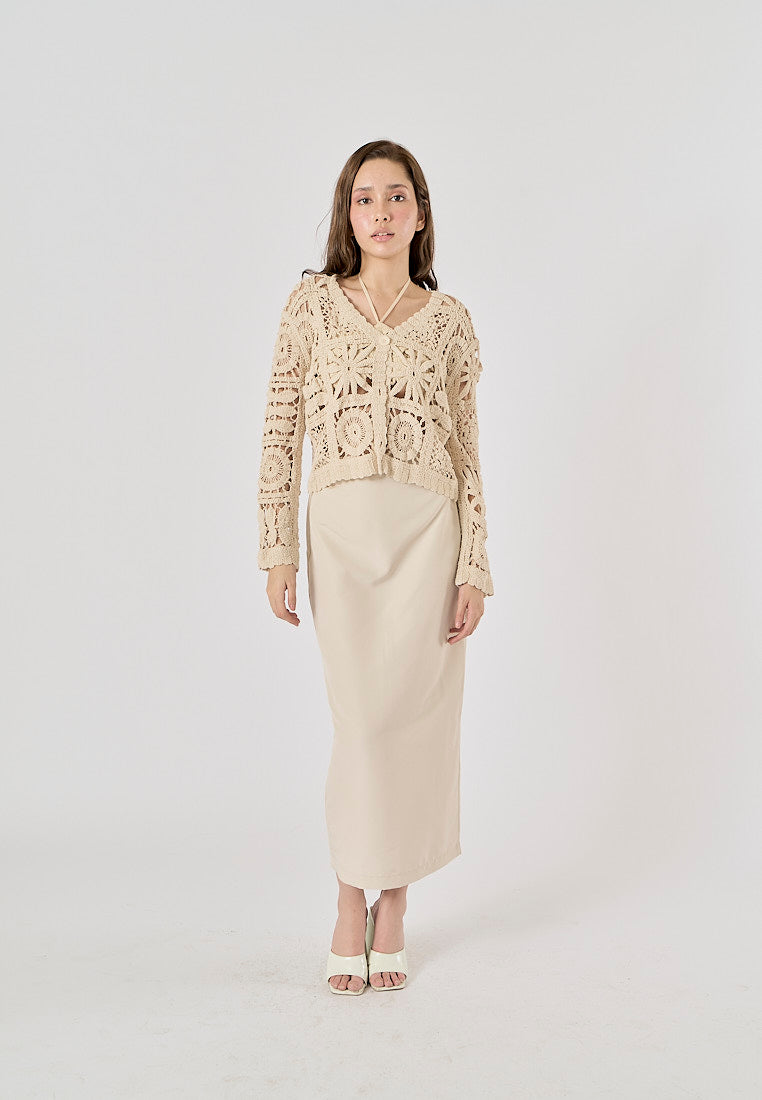 Anara Beige  Crochet Hollow Knitted Cardigan Sweater Top