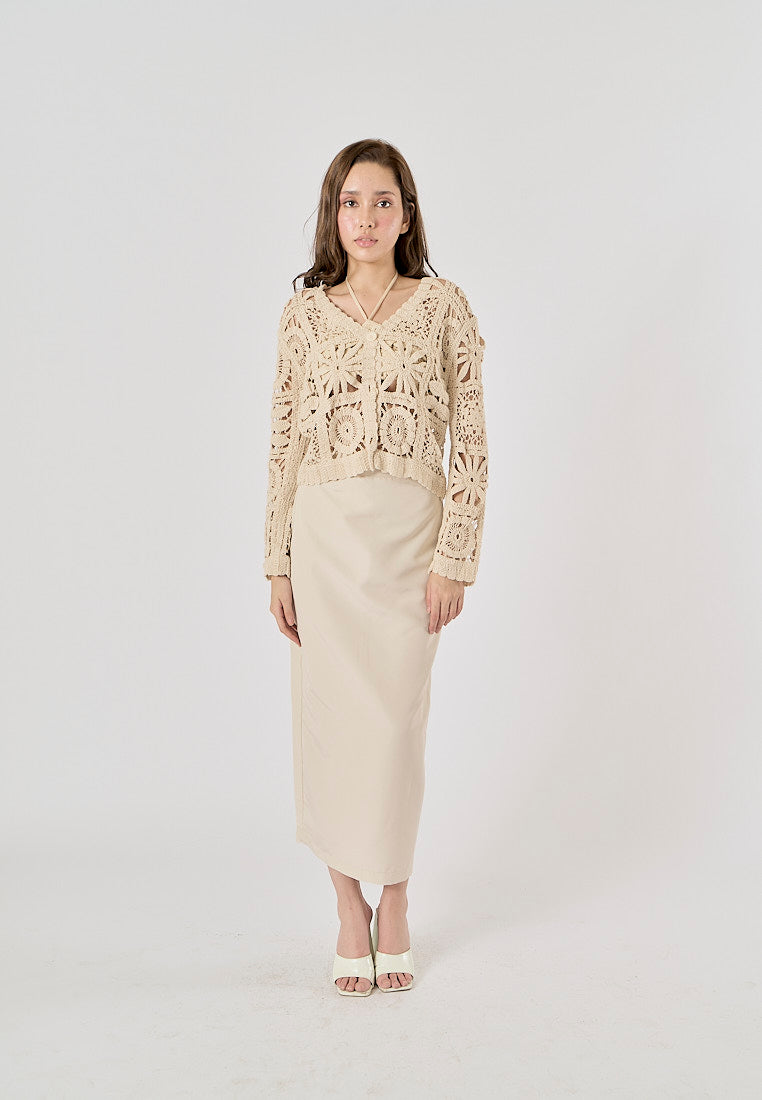 Anara Beige  Crochet Hollow Knitted Cardigan Sweater Top