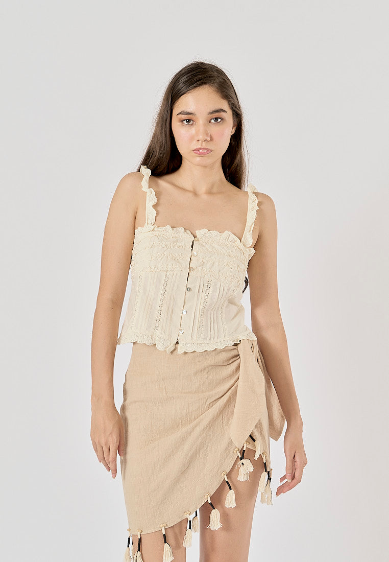 Clove Beige Embroidered Ruffled Tank Top