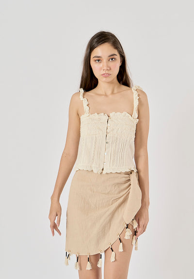 Clove Beige Embroidered Ruffled Tank Top