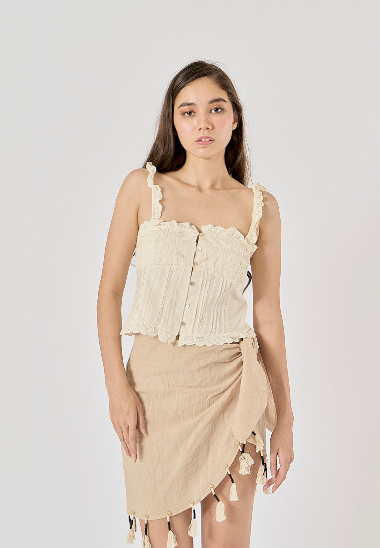 Clove Beige Embroidered Ruffled Tank Top