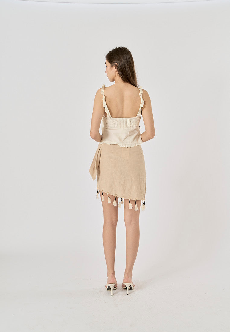 Clove Beige Embroidered Ruffled Tank Top