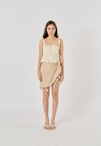 Clove Beige Embroidered Ruffled Tank Top