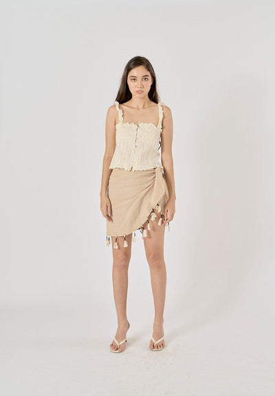 Clove Beige Embroidered Ruffled Tank Top