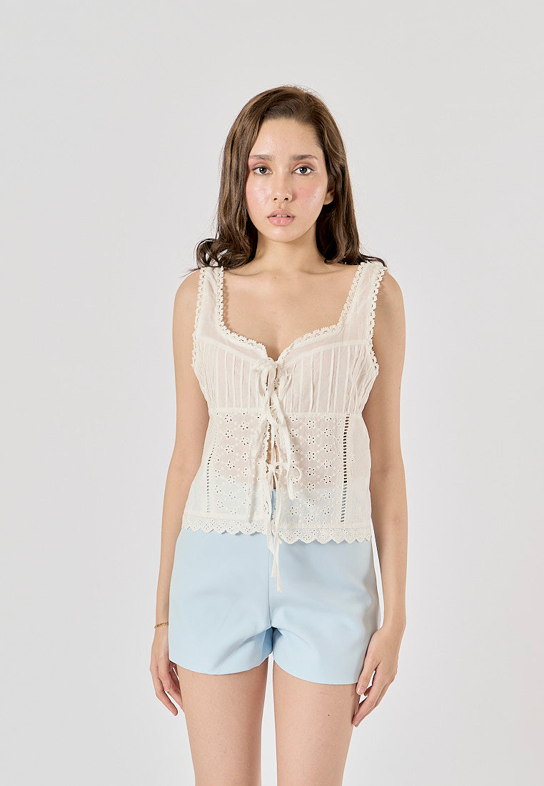 Henky White Floral Embroidery Cropped Top Square-Cut Neck Lace Trims Tank Top