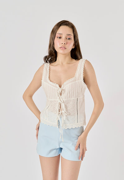 Henky White Floral Embroidery Cropped Top Square-Cut Neck Lace Trims Tank Top