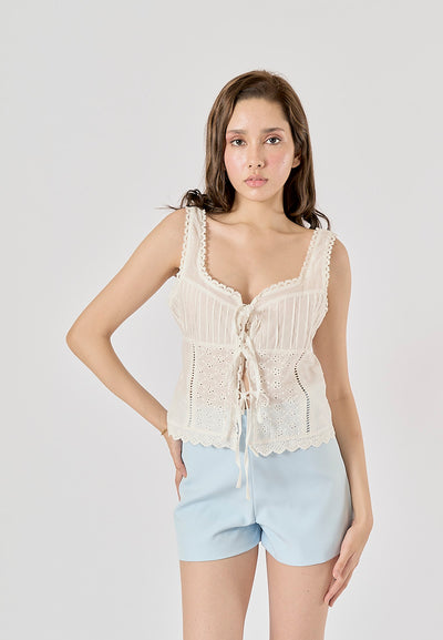 Henky White Floral Embroidery Cropped Top Square-Cut Neck Lace Trims Tank Top