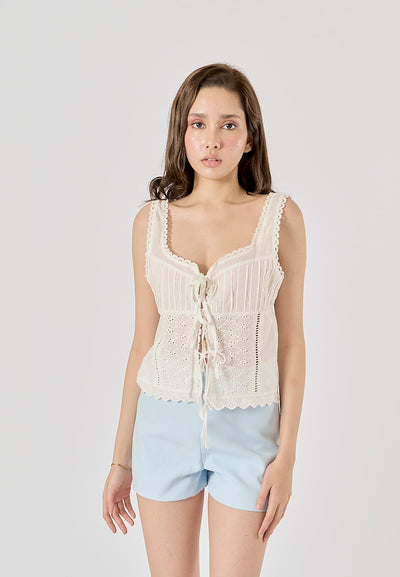 Henky White Floral Embroidery Cropped Top Square-Cut Neck Lace Trims Tank Top