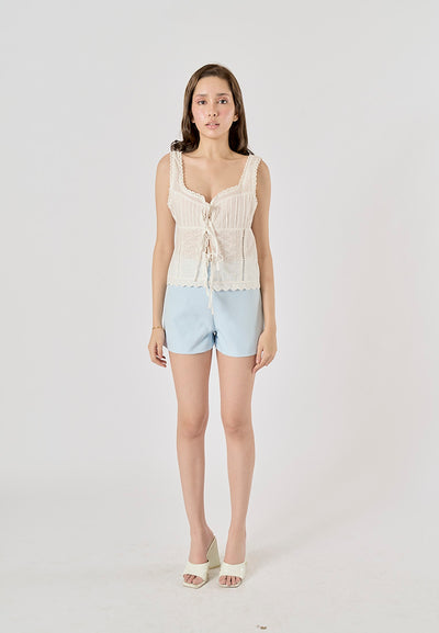 Henky White Floral Embroidery Cropped Top Square-Cut Neck Lace Trims Tank Top