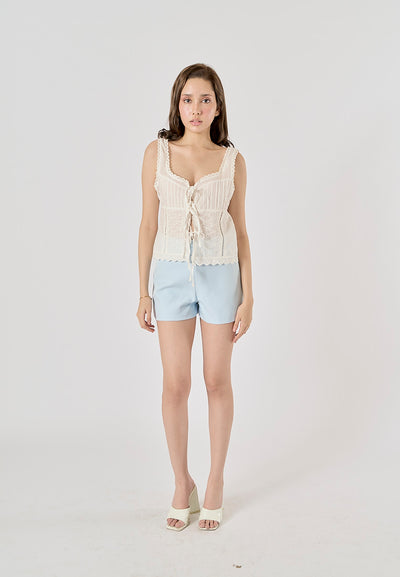 Henky White Floral Embroidery Cropped Top Square-Cut Neck Lace Trims Tank Top