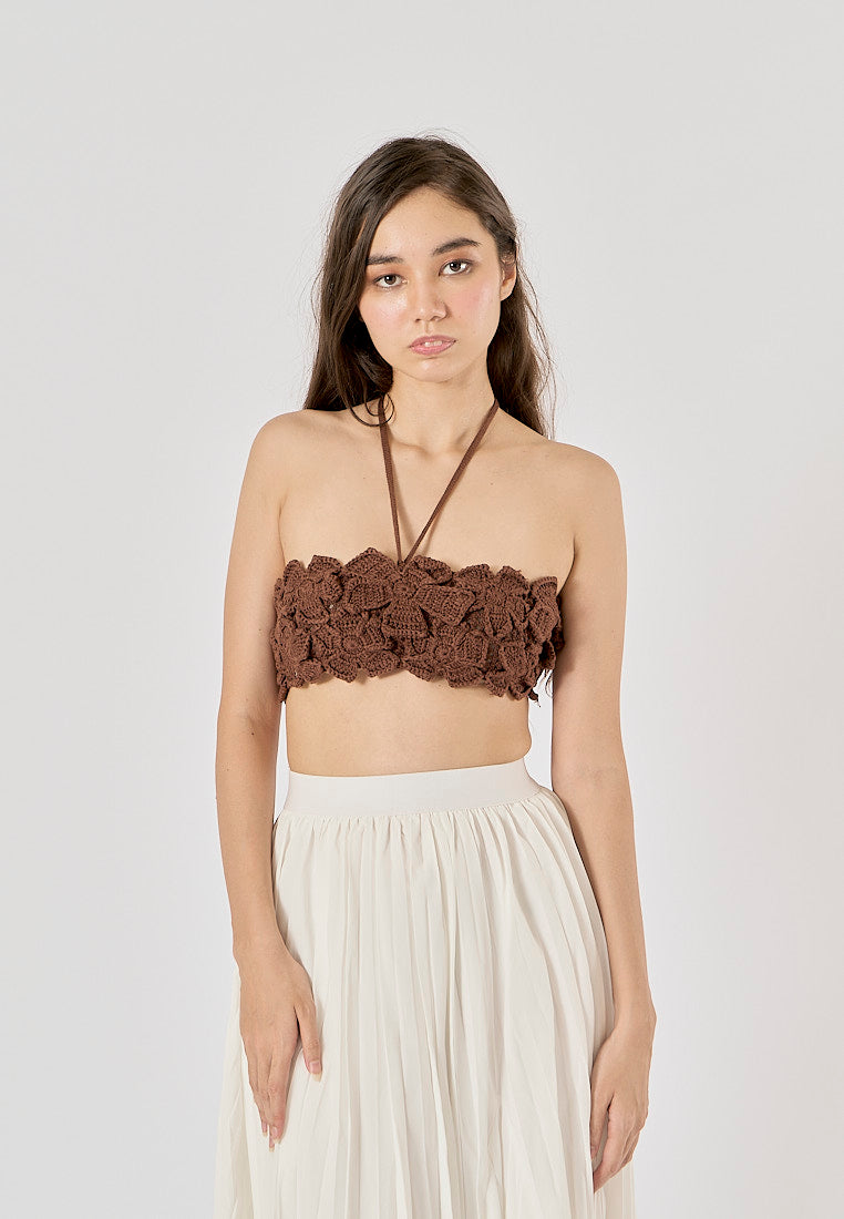 Tennessee Brown Floral Embroidery Cropped Halter Top