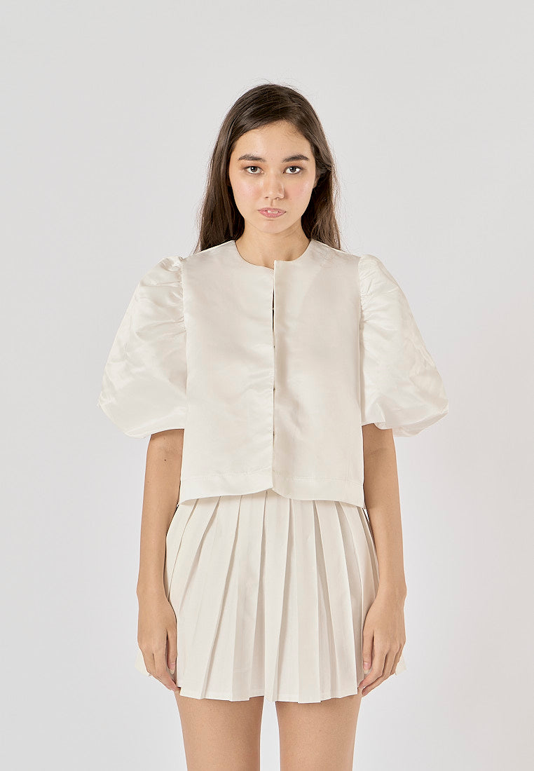 Afnan White Hook Up Cropped Shirt Round - Neck Short Puff Sleeve Top