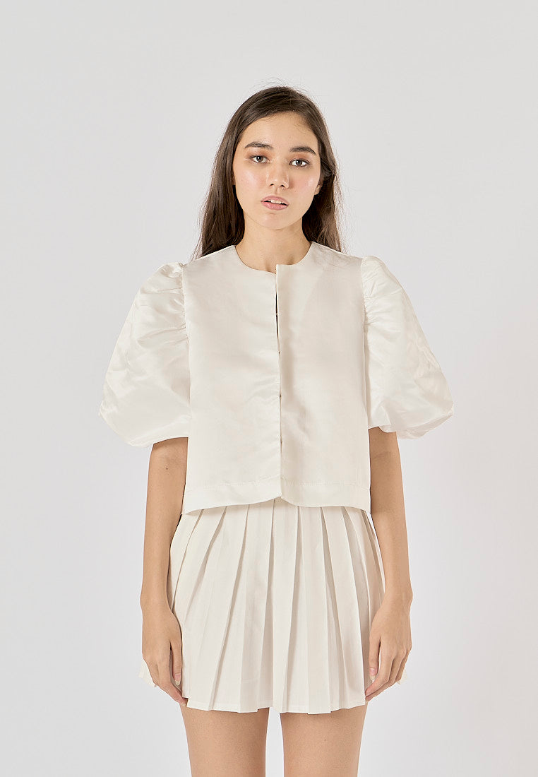 Afnan White Hook Up Cropped Shirt Round - Neck Short Puff Sleeve Top