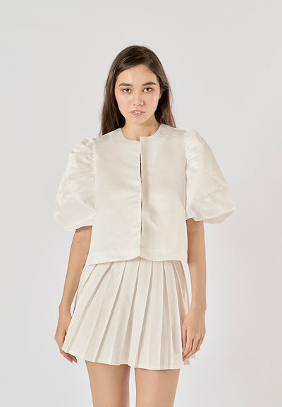 Afnan White Hook Up Cropped Shirt Round - Neck Short Puff Sleeve Top