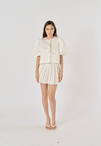 Afnan White Hook Up Cropped Shirt Round - Neck Short Puff Sleeve Top