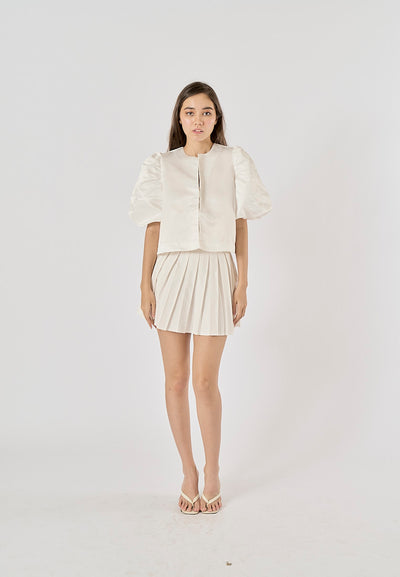 Afnan White Hook Up Cropped Shirt Round - Neck Short Puff Sleeve Top