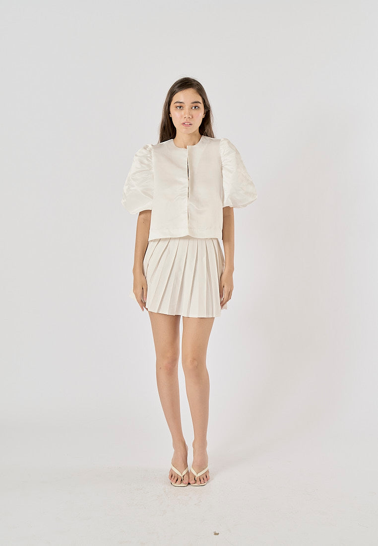 Afnan White Hook Up Cropped Shirt Round - Neck Short Puff Sleeve Top