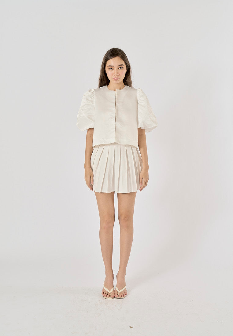 Afnan White Hook Up Cropped Shirt Round - Neck Short Puff Sleeve Top