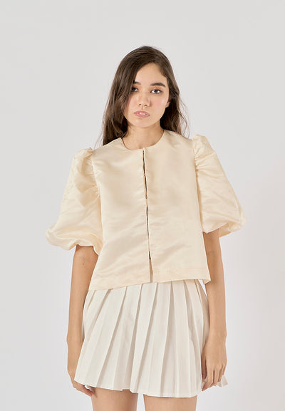 Afnan Blush Pink Hook Up Cropped Shirt Round - Neck Short Puff Sleeve Top