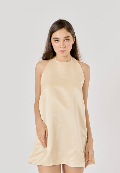 Blanca Champagne Hanging Neck Open Back Mini Dress