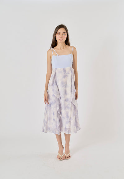 Oceana Blue Floral Print Patchwork Design Midi Dress