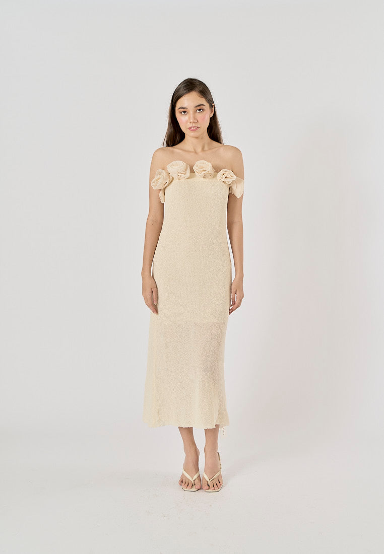 Meygan Beige Elegant Flower Patterned Knitted Midi Dress