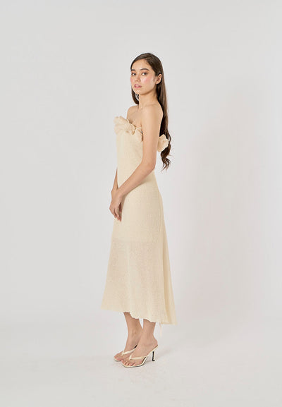 Meygan Beige Elegant Flower Patterned Knitted Midi Dress