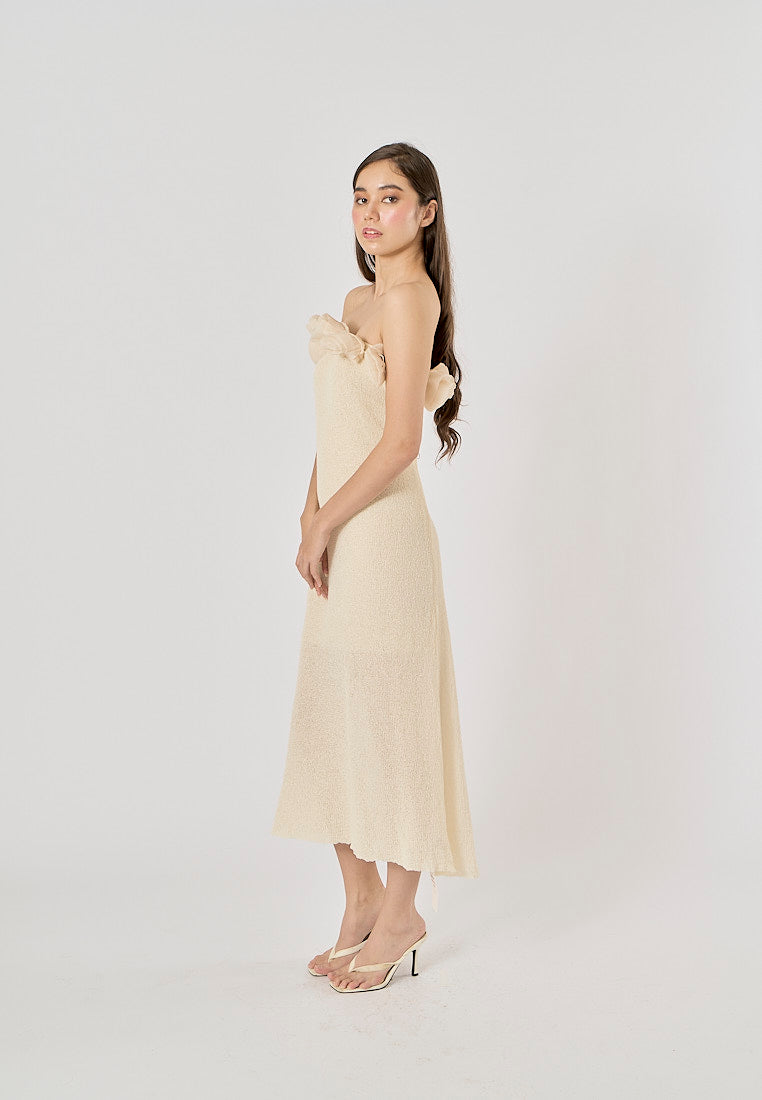 Meygan Beige Elegant Flower Patterned Knitted Midi Dress