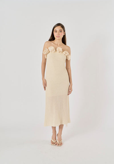 Meygan Beige Elegant Flower Patterned Knitted Midi Dress