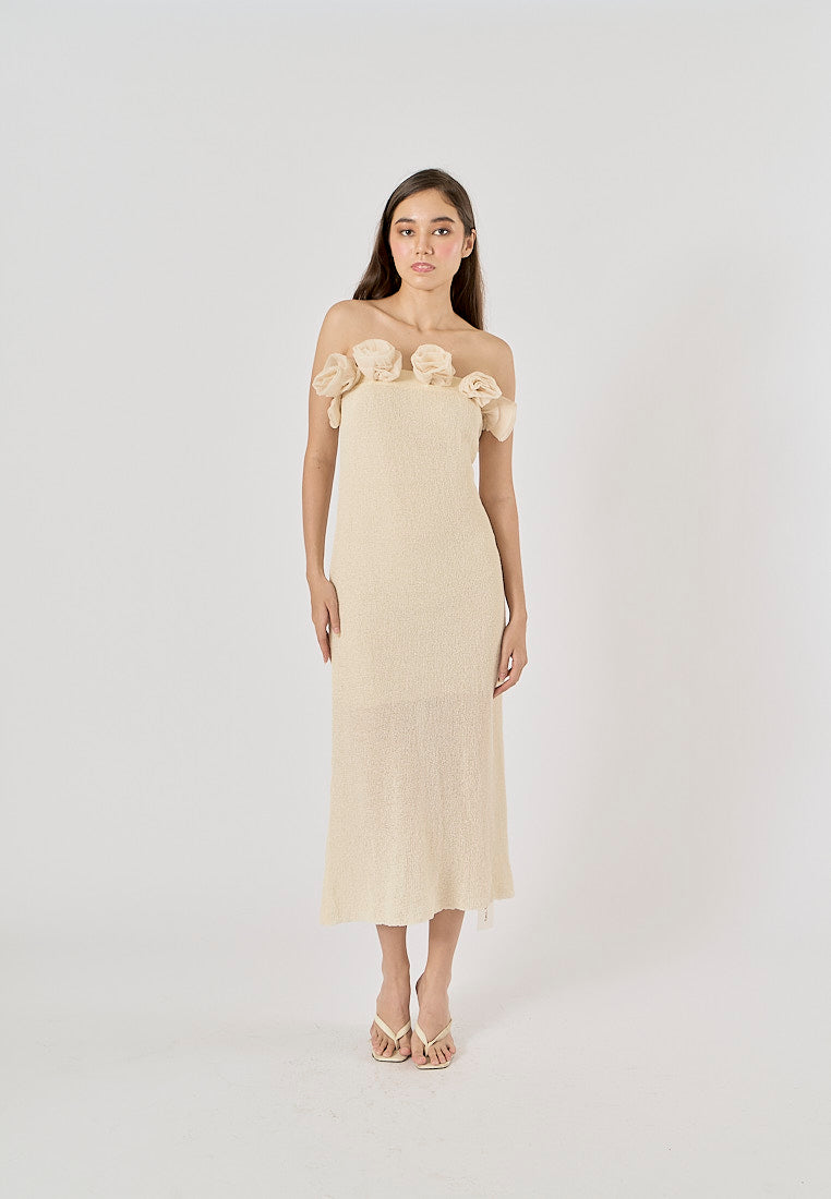 Meygan Beige Elegant Flower Patterned Knitted Midi Dress