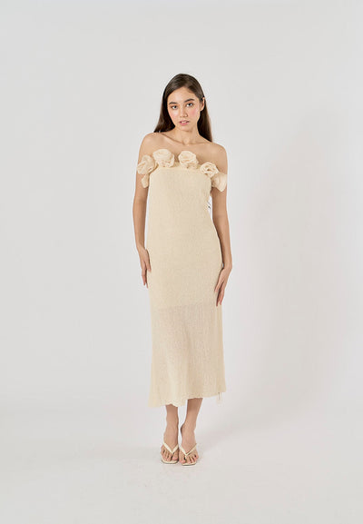 Meygan Beige Elegant Flower Patterned Knitted Midi Dress