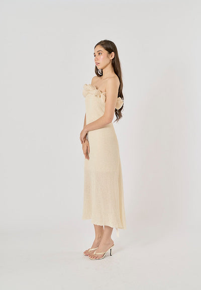 Meygan Beige Elegant Flower Patterned Knitted Midi Dress