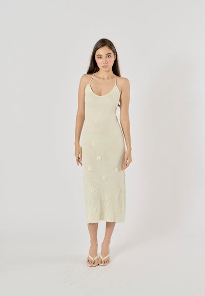 Elspeth Beige Embroidered Floral Knitted Midi Dress