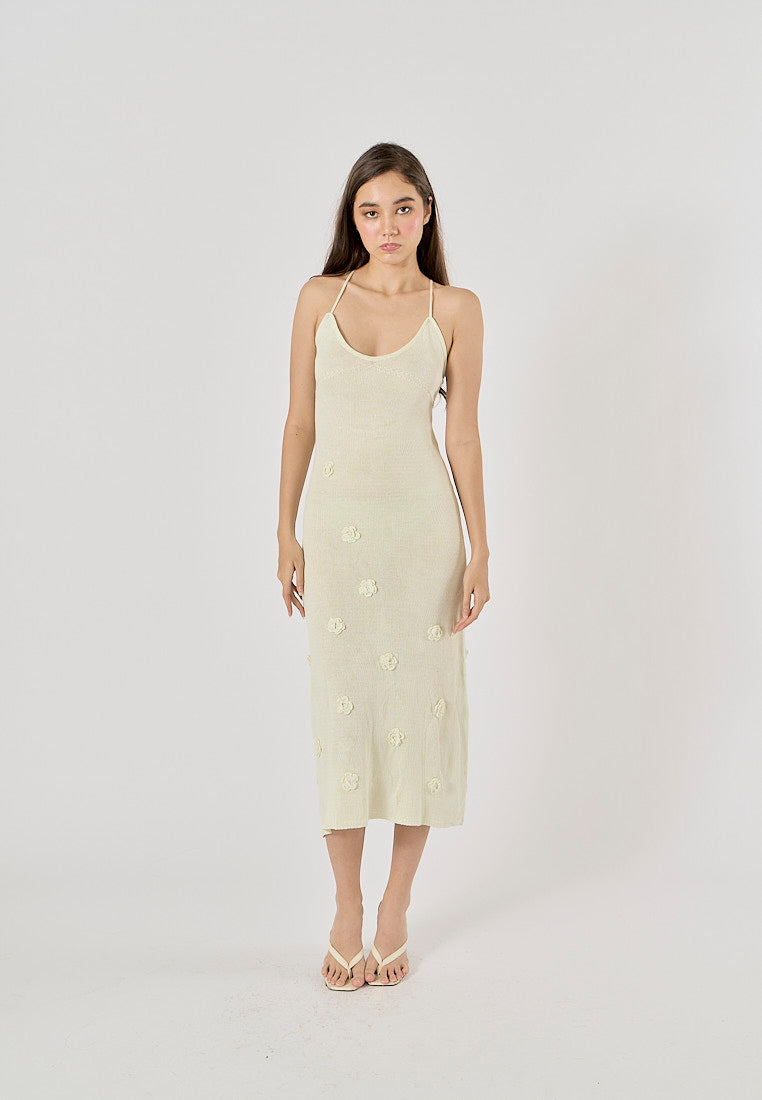 Elspeth Beige Embroidered Floral Knitted Midi Dress