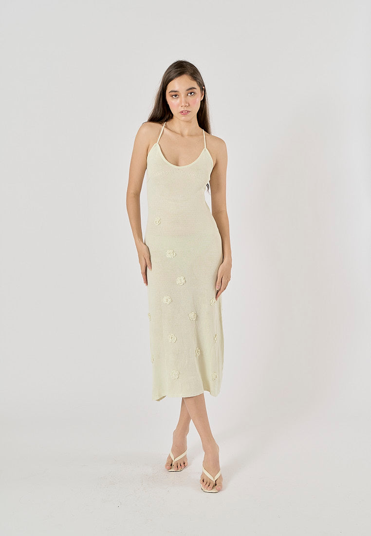 Elspeth Beige Embroidered Floral Knitted Midi Dress