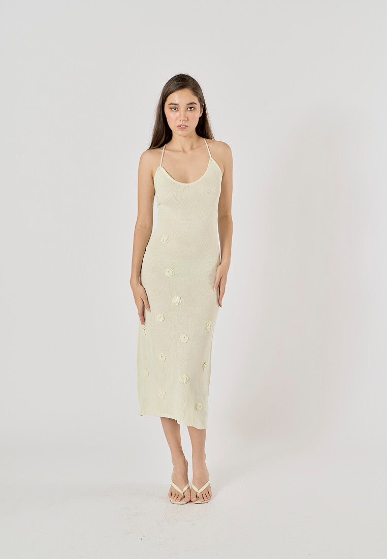 Elspeth Beige Embroidered Floral Knitted Midi Dress