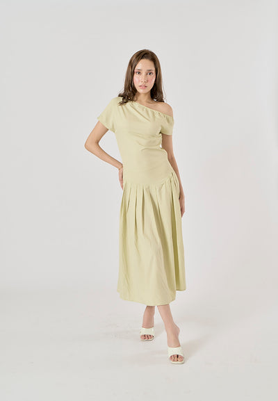 Zuria Pastel Green Pleated Asymmetric Collar Midi Dress