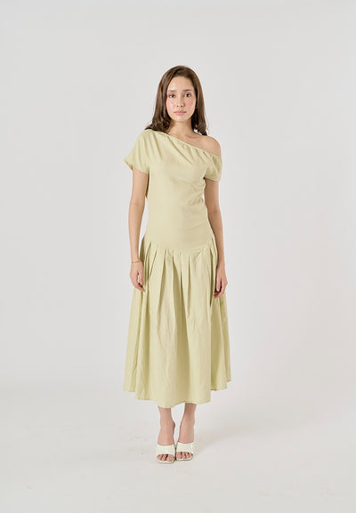 Zuria Pastel Green Pleated Asymmetric Collar Midi Dress