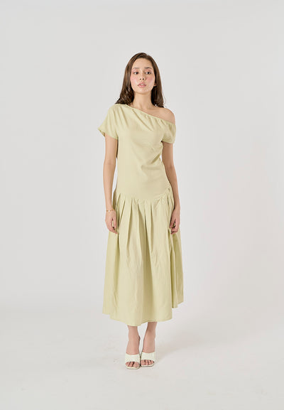 Zuria Pastel Green Pleated Asymmetric Collar Midi Dress