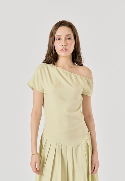 Zuria Pastel Green Pleated Asymmetric Collar Midi Dress