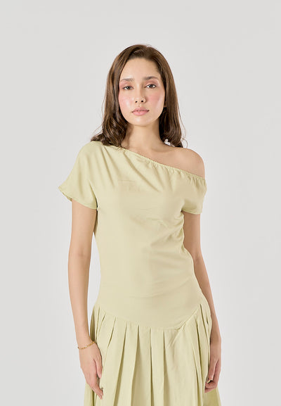 Zuria Pastel Green Pleated Asymmetric Collar Midi Dress