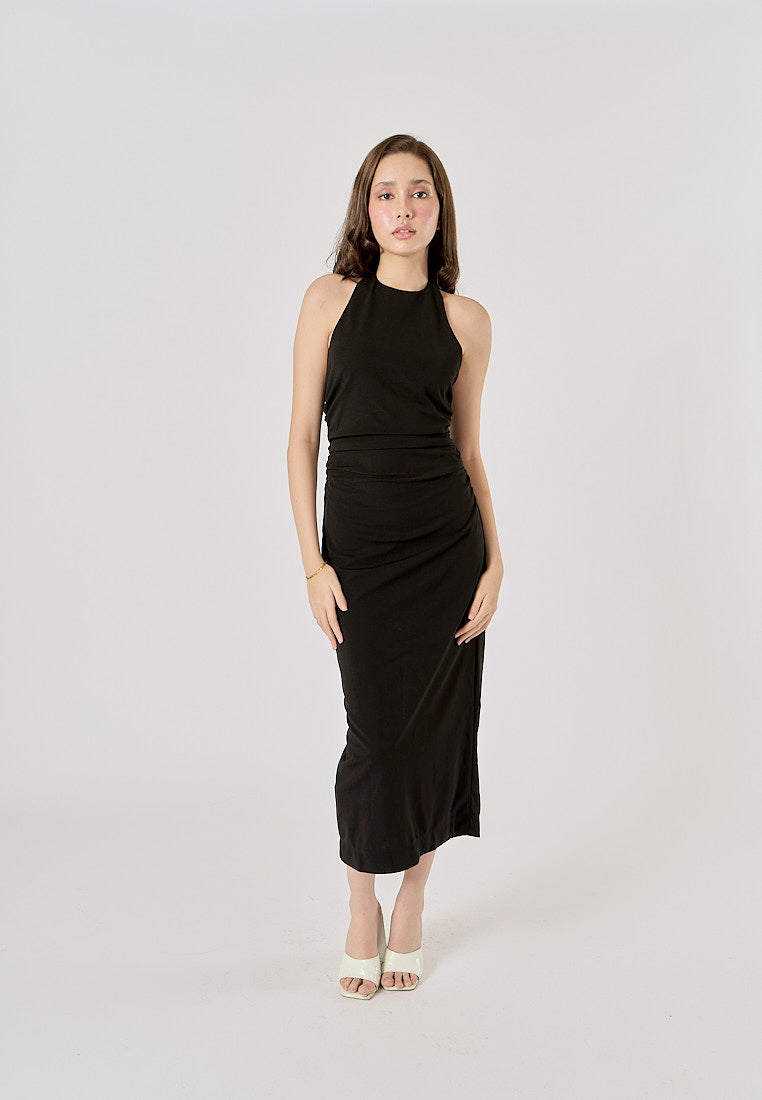 Marlowe Black Halter Neck Backless Midi Dress